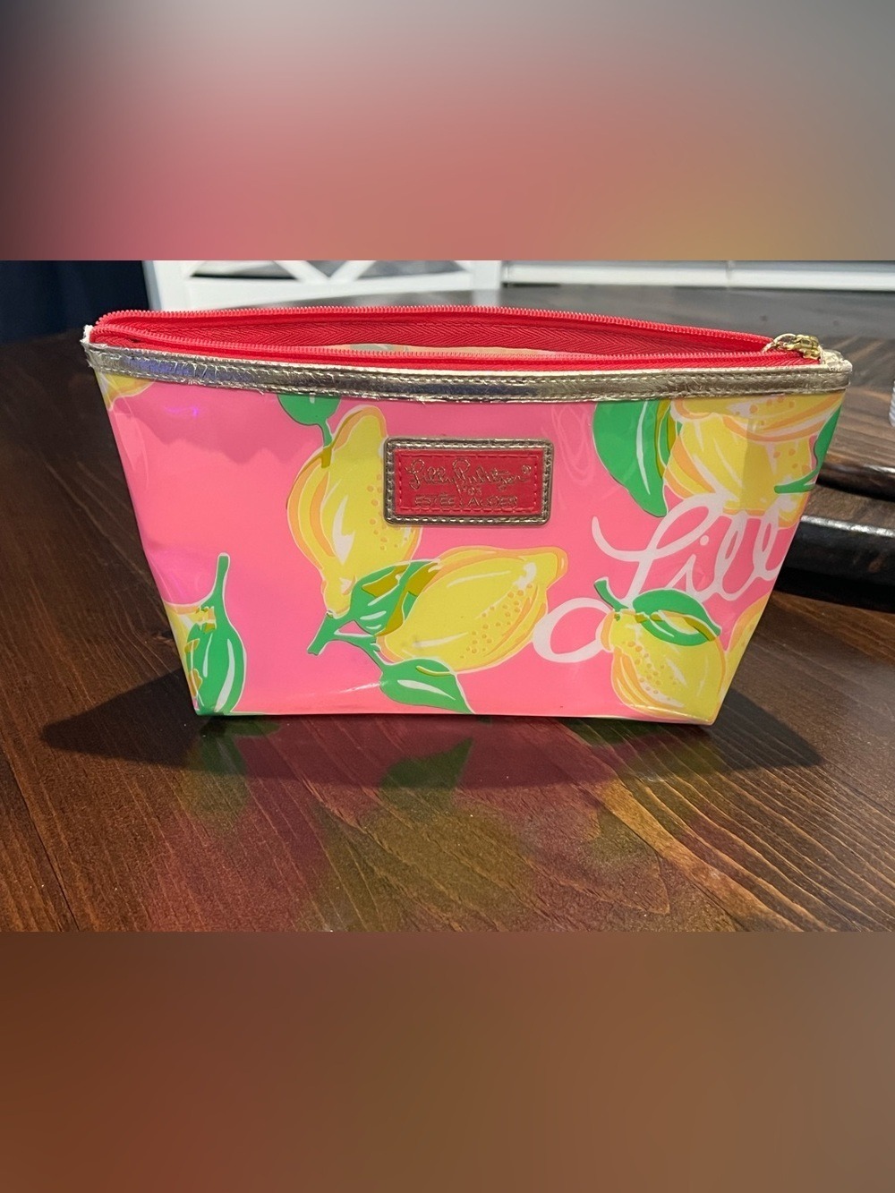 Lilly Pulitzer Coral Pink Lemon Print Cosmetic Pouch